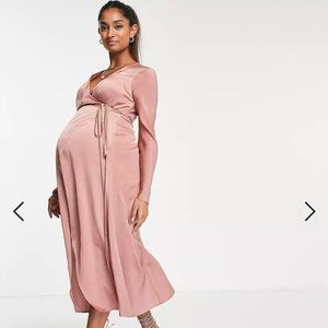 ⚡️ASOS DESIGN Maternity bias cut satin wrap dress with tie waist in pink